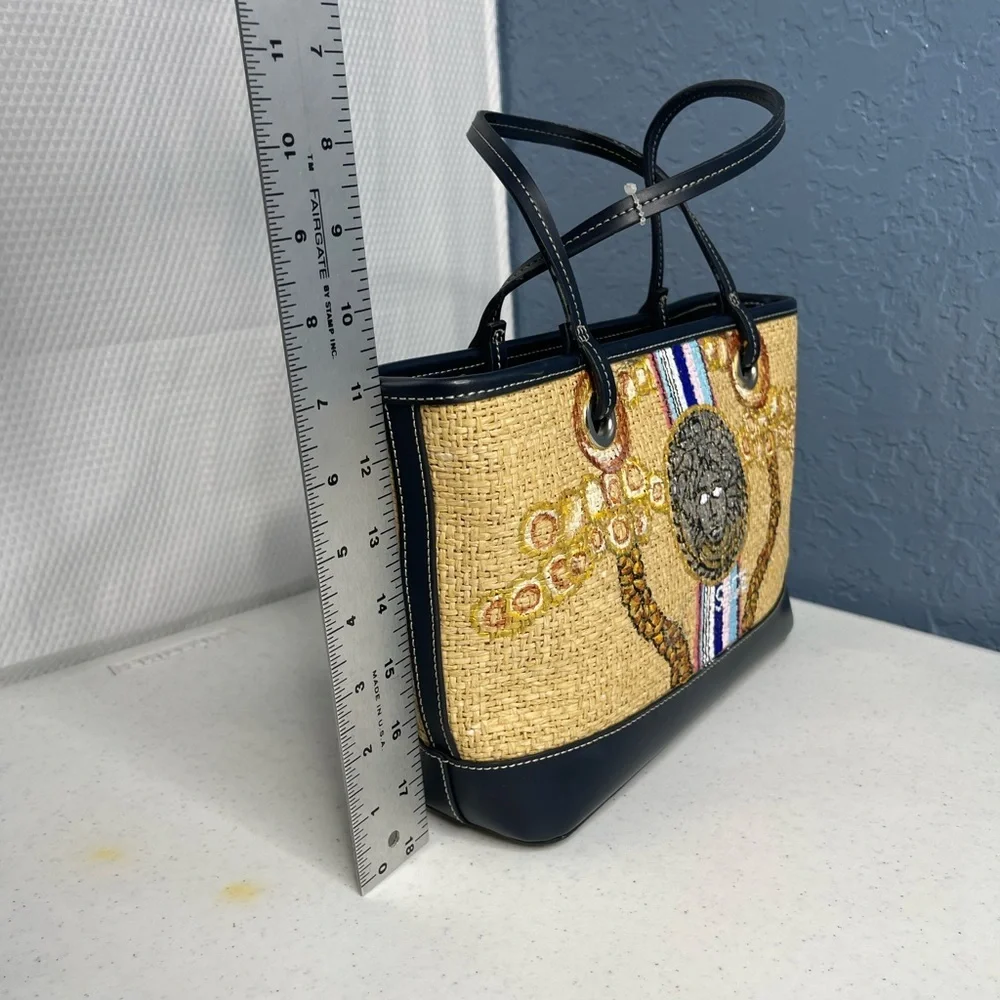 Ann Taylor Loft tweed hand painted small tote. Button snap closure/ metal feet.